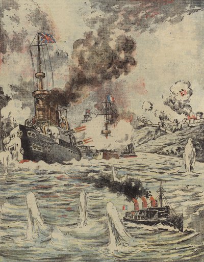 British and French Warships Bombarding Turkish Positions in the Dardanelles, 1915 by Romanian School